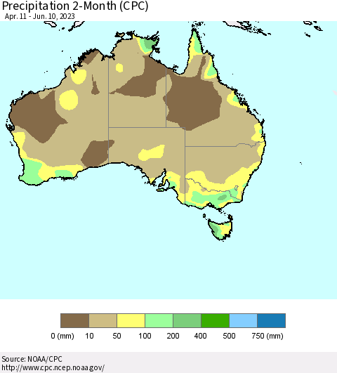 Australia Precipitation 2-Month (CPC) Thematic Map For 4/11/2023 - 6/10/2023