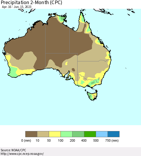 Australia Precipitation 2-Month (CPC) Thematic Map For 4/16/2023 - 6/15/2023