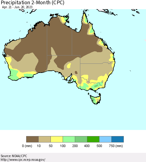 Australia Precipitation 2-Month (CPC) Thematic Map For 4/21/2023 - 6/20/2023