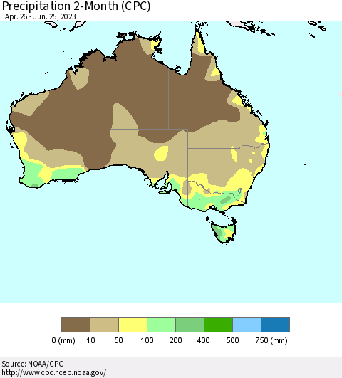 Australia Precipitation 2-Month (CPC) Thematic Map For 4/26/2023 - 6/25/2023