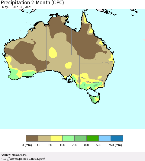 Australia Precipitation 2-Month (CPC) Thematic Map For 5/1/2023 - 6/30/2023