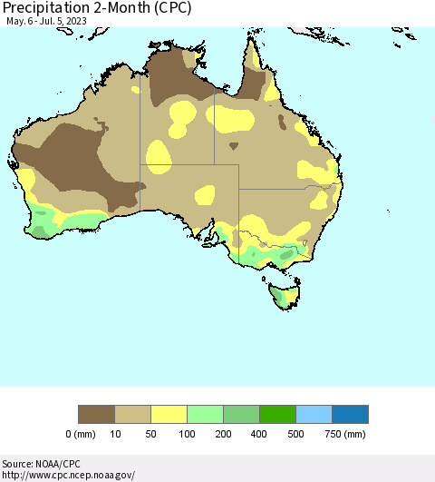 Australia Precipitation 2-Month (CPC) Thematic Map For 5/6/2023 - 7/5/2023