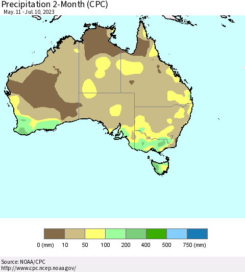 Australia Precipitation 2-Month (CPC) Thematic Map For 5/11/2023 - 7/10/2023