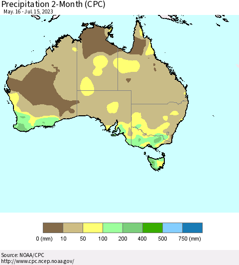 Australia Precipitation 2-Month (CPC) Thematic Map For 5/16/2023 - 7/15/2023