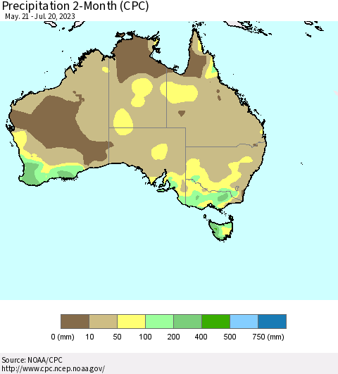 Australia Precipitation 2-Month (CPC) Thematic Map For 5/21/2023 - 7/20/2023