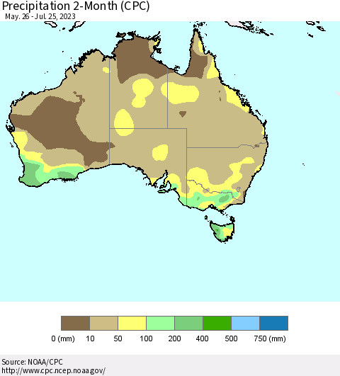 Australia Precipitation 2-Month (CPC) Thematic Map For 5/26/2023 - 7/25/2023