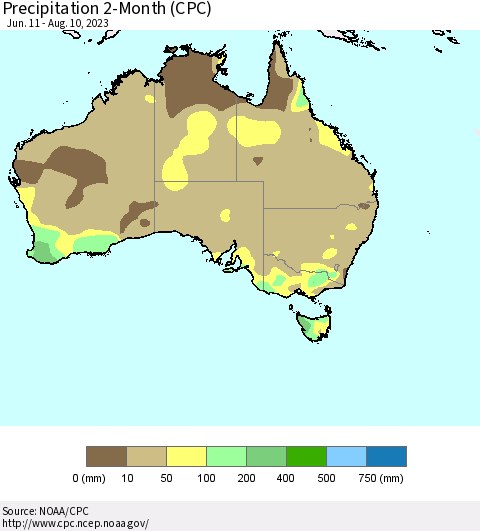 Australia Precipitation 2-Month (CPC) Thematic Map For 6/11/2023 - 8/10/2023