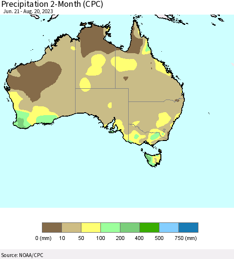 Australia Precipitation 2-Month (CPC) Thematic Map For 6/21/2023 - 8/20/2023
