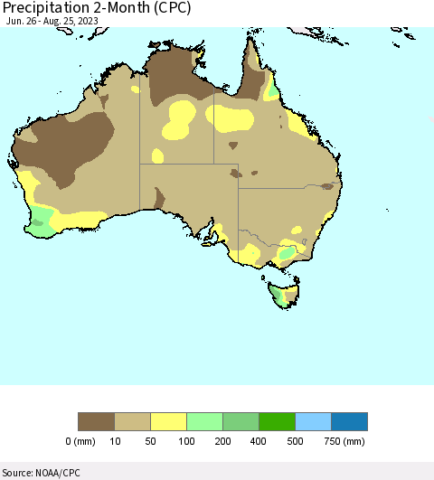 Australia Precipitation 2-Month (CPC) Thematic Map For 6/26/2023 - 8/25/2023