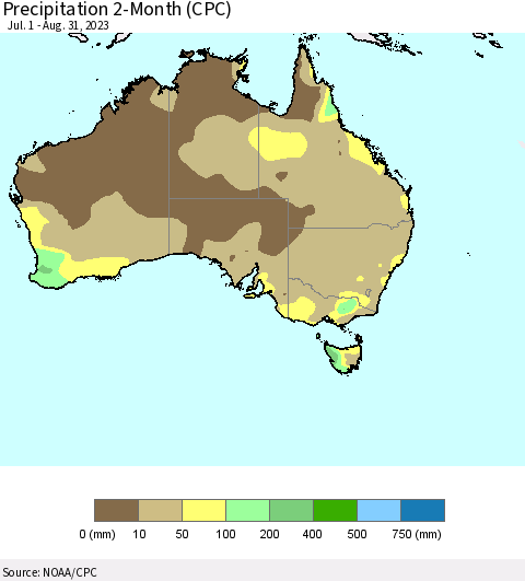 Australia Precipitation 2-Month (CPC) Thematic Map For 7/1/2023 - 8/31/2023