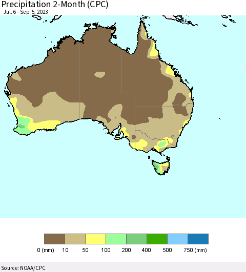 Australia Precipitation 2-Month (CPC) Thematic Map For 7/6/2023 - 9/5/2023