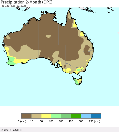 Australia Precipitation 2-Month (CPC) Thematic Map For 7/21/2023 - 9/20/2023