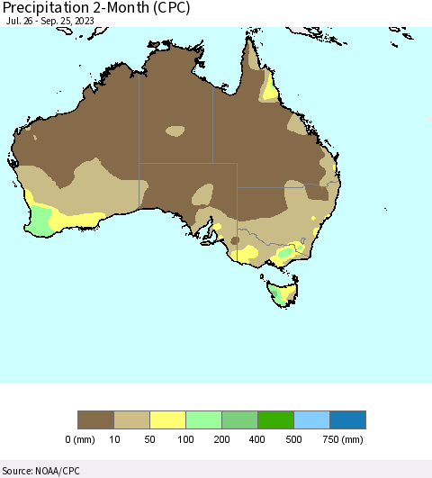 Australia Precipitation 2-Month (CPC) Thematic Map For 7/26/2023 - 9/25/2023