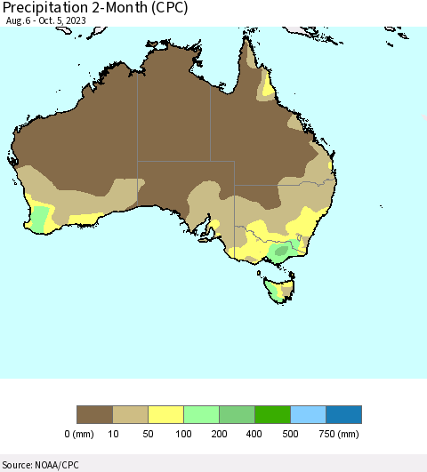 Australia Precipitation 2-Month (CPC) Thematic Map For 8/6/2023 - 10/5/2023
