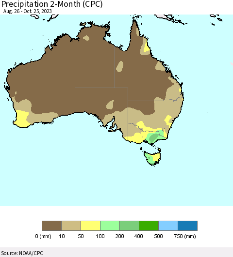Australia Precipitation 2-Month (CPC) Thematic Map For 8/26/2023 - 10/25/2023