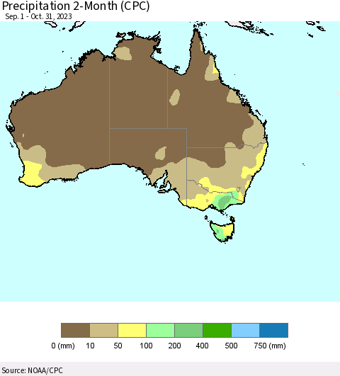 Australia Precipitation 2-Month (CPC) Thematic Map For 9/1/2023 - 10/31/2023
