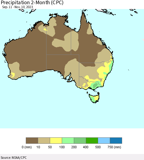 Australia Precipitation 2-Month (CPC) Thematic Map For 9/11/2023 - 11/10/2023