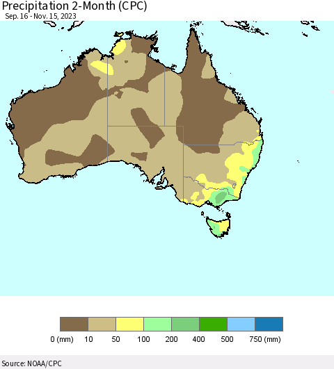 Australia Precipitation 2-Month (CPC) Thematic Map For 9/16/2023 - 11/15/2023