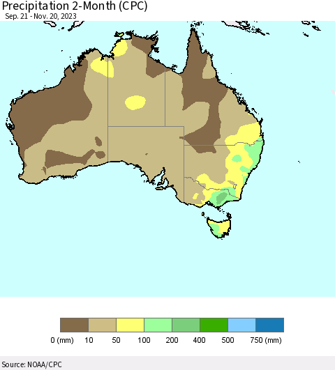 Australia Precipitation 2-Month (CPC) Thematic Map For 9/21/2023 - 11/20/2023