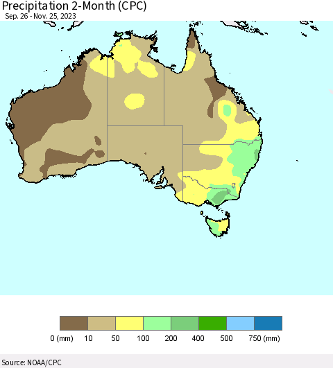 Australia Precipitation 2-Month (CPC) Thematic Map For 9/26/2023 - 11/25/2023