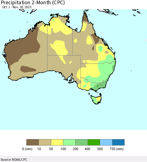 Australia Precipitation 2-Month (CPC) Thematic Map For 10/1/2023 - 11/30/2023