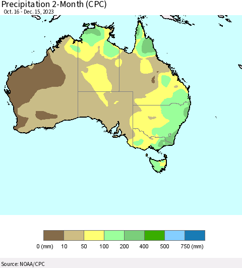 Australia Precipitation 2-Month (CPC) Thematic Map For 10/16/2023 - 12/15/2023