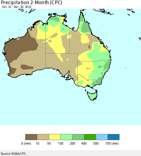 Australia Precipitation 2-Month (CPC) Thematic Map For 10/21/2023 - 12/20/2023