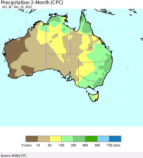 Australia Precipitation 2-Month (CPC) Thematic Map For 10/26/2023 - 12/25/2023
