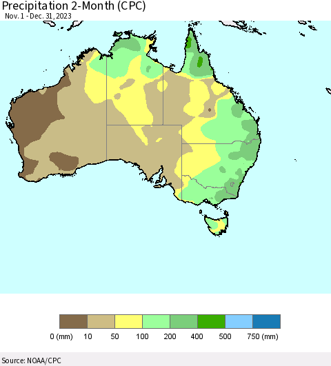 Australia Precipitation 2-Month (CPC) Thematic Map For 11/1/2023 - 12/31/2023