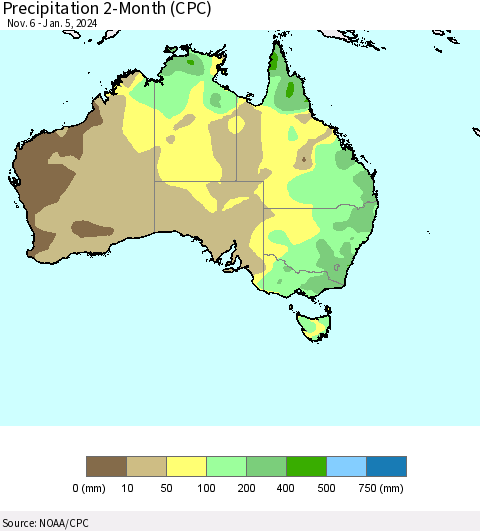 Australia Precipitation 2-Month (CPC) Thematic Map For 11/6/2023 - 1/5/2024