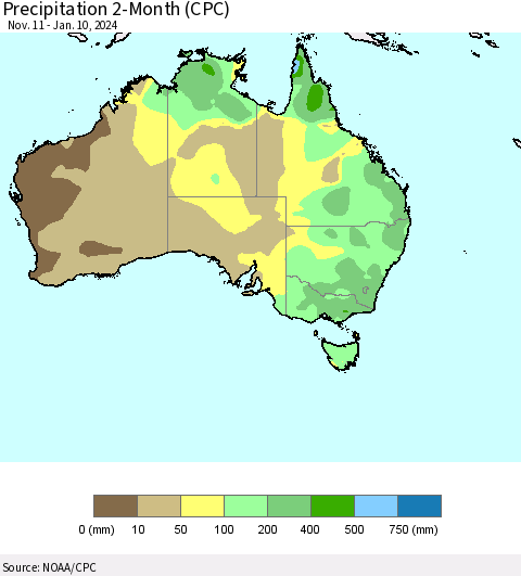 Australia Precipitation 2-Month (CPC) Thematic Map For 11/11/2023 - 1/10/2024
