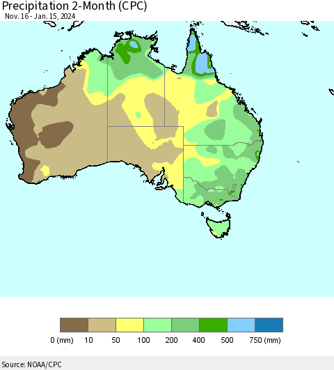 Australia Precipitation 2-Month (CPC) Thematic Map For 11/16/2023 - 1/15/2024