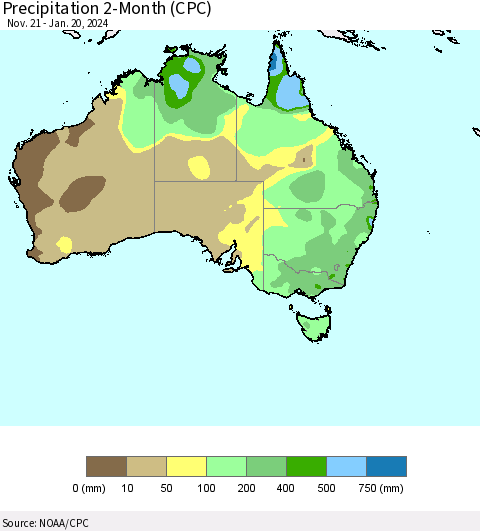 Australia Precipitation 2-Month (CPC) Thematic Map For 11/21/2023 - 1/20/2024