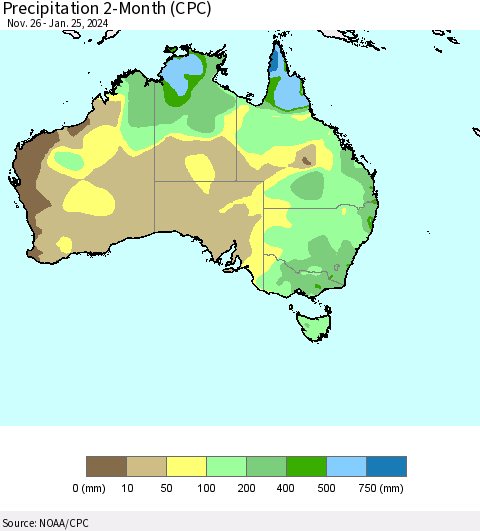 Australia Precipitation 2-Month (CPC) Thematic Map For 11/26/2023 - 1/25/2024