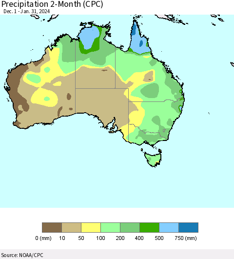 Australia Precipitation 2-Month (CPC) Thematic Map For 12/1/2023 - 1/31/2024