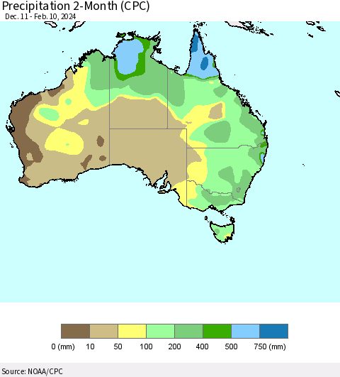 Australia Precipitation 2-Month (CPC) Thematic Map For 12/11/2023 - 2/10/2024
