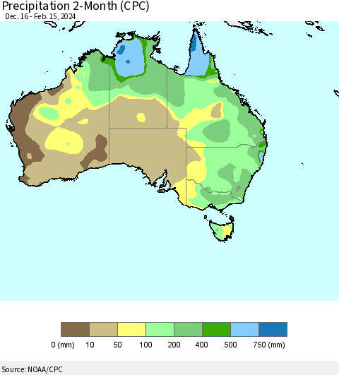 Australia Precipitation 2-Month (CPC) Thematic Map For 12/16/2023 - 2/15/2024