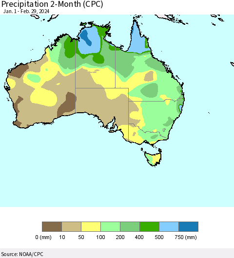 Australia Precipitation 2-Month (CPC) Thematic Map For 1/1/2024 - 2/29/2024