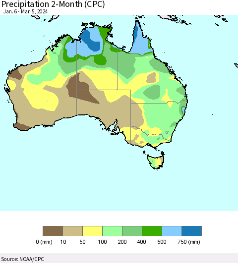 Australia Precipitation 2-Month (CPC) Thematic Map For 1/6/2024 - 3/5/2024