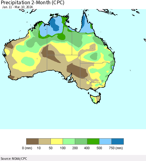 Australia Precipitation 2-Month (CPC) Thematic Map For 1/11/2024 - 3/10/2024