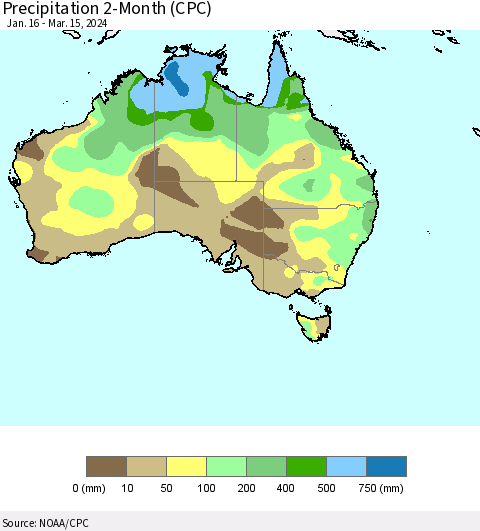 Australia Precipitation 2-Month (CPC) Thematic Map For 1/16/2024 - 3/15/2024