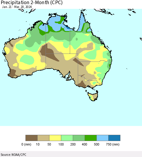 Australia Precipitation 2-Month (CPC) Thematic Map For 1/21/2024 - 3/20/2024