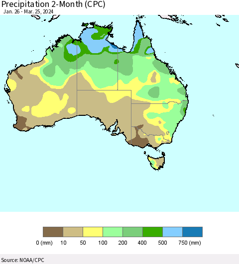 Australia Precipitation 2-Month (CPC) Thematic Map For 1/26/2024 - 3/25/2024