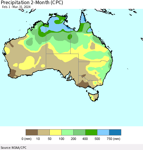Australia Precipitation 2-Month (CPC) Thematic Map For 2/1/2024 - 3/31/2024