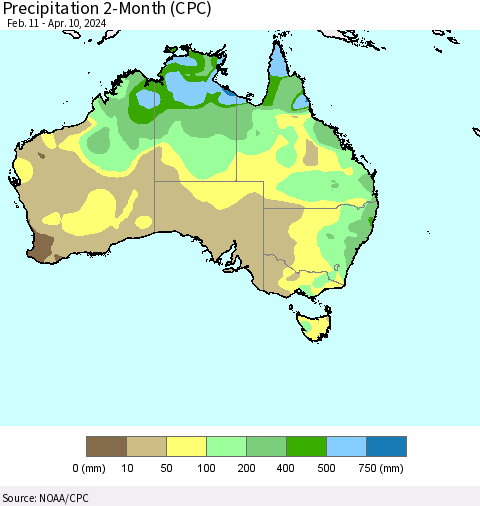 Australia Precipitation 2-Month (CPC) Thematic Map For 2/11/2024 - 4/10/2024