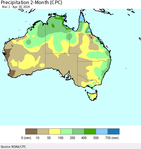 Australia Precipitation 2-Month (CPC) Thematic Map For 3/1/2024 - 4/30/2024