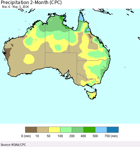 Australia Precipitation 2-Month (CPC) Thematic Map For 3/6/2024 - 5/5/2024