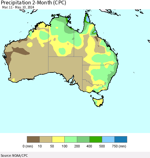 Australia Precipitation 2-Month (CPC) Thematic Map For 3/11/2024 - 5/10/2024