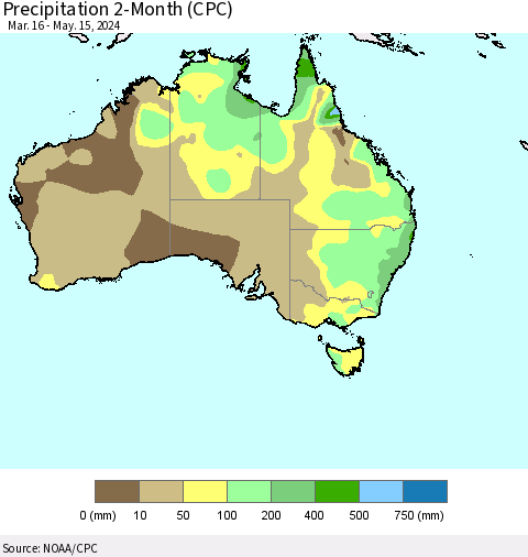 Australia Precipitation 2-Month (CPC) Thematic Map For 3/16/2024 - 5/15/2024
