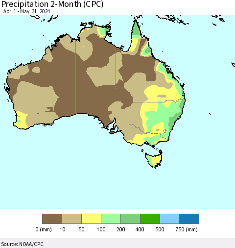 Australia Precipitation 2-Month (CPC) Thematic Map For 4/1/2024 - 5/31/2024